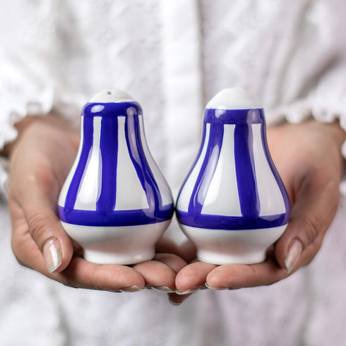 City to Cottage Ceramic Salt and Pepper Set - Handcrafted Navy Blue Stripe Shakers for Home, Restaurants, Weddings