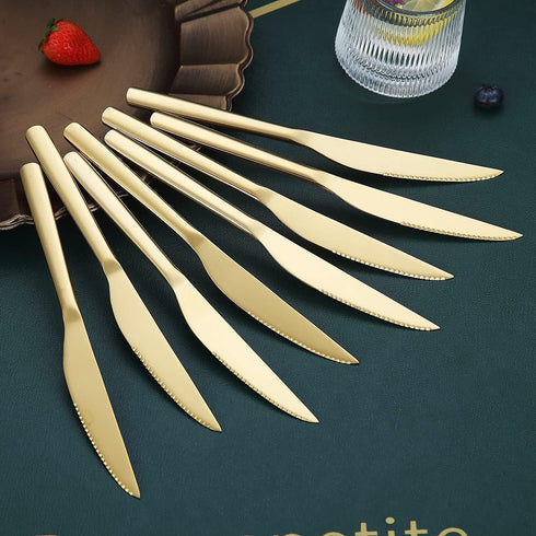 HOMQUEN Gold Steak Knives Set, 8 Piece Premium Stainless Steel, German Serrated Meat Knives, Dishwasher Safe (9.2 Inch)