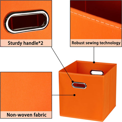 Fabric Cube Organizer with Handle, Foldable Storage Bins 11x11x11, Set of 6, (Orange) for Cloth or Accessory Storage