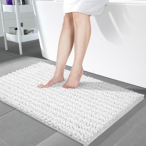 Yimobra Long Bathroom Rugs Non Slip Washable 44x24 Inch - Ultra Soft Absorbent Chenille Bath Mat for Tub Shower, White