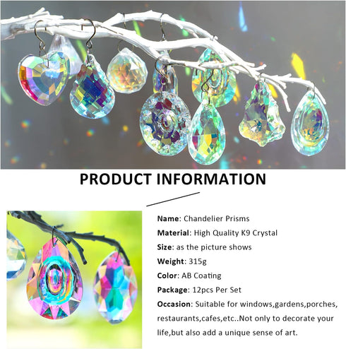 Decoration,Pack 12 Crystal Prism Suncatchers, Rainbow Hanging Crystals Ornament Pendant for Window, Chandelier Part