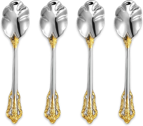 KEAWELL 4-Piece 6" Tea Spoons Set, Vintage 18/10 Stainless Steel Coffee Espresso Demitasse Spoons with Gold Accent
