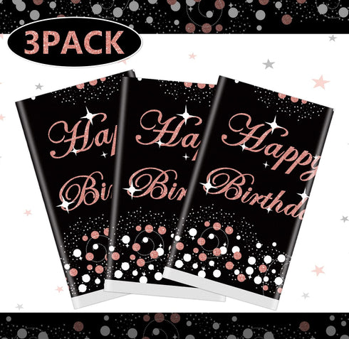 3 Pack Black and Rose Gold Tablecloths, Plastic Disposable Birthday Decorations, Rectangle Table Cover 51"x86" for