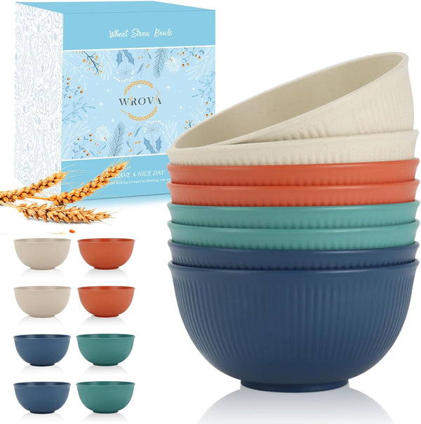 Wrova Wheat Straw Bowl Sets,8 PCS Unbreakable Cereal Bowl 26 OZ,Microwave and