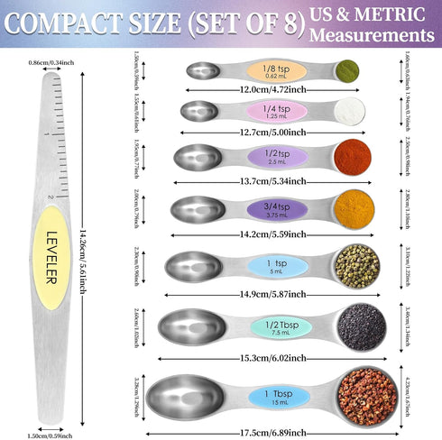 Magnetic Measuring Spoons Set of 8, Stainless Steel Dual Sided for Dry and Liquid Ingredients