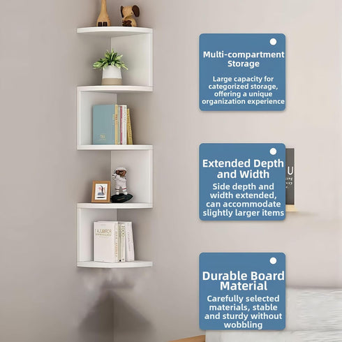 5-Tier Corner Shelf Wall Mount, Screw-Mounted Floating Bookshelf with Enhanced Support, Space-Saving Zigzag Shelf
