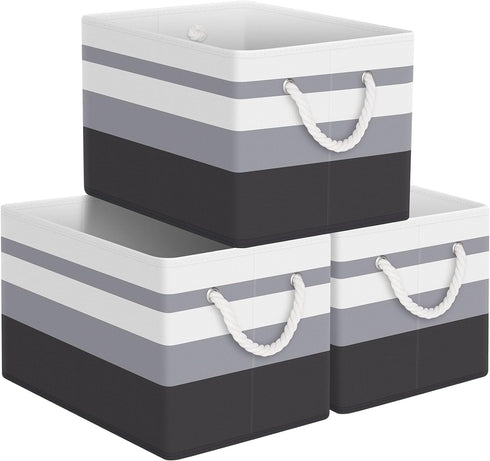 Collapsible Storage Bin, Large Storage Basket for Organizing, 3 Pack with Rope Handles, Gradient Grey Storage Containers