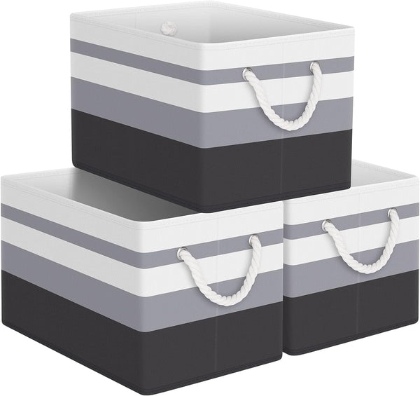 Collapsible Storage Bin, Large Storage Basket for Organizing, 3 Pack with Rope Handles, Gradient Grey Storage Containers