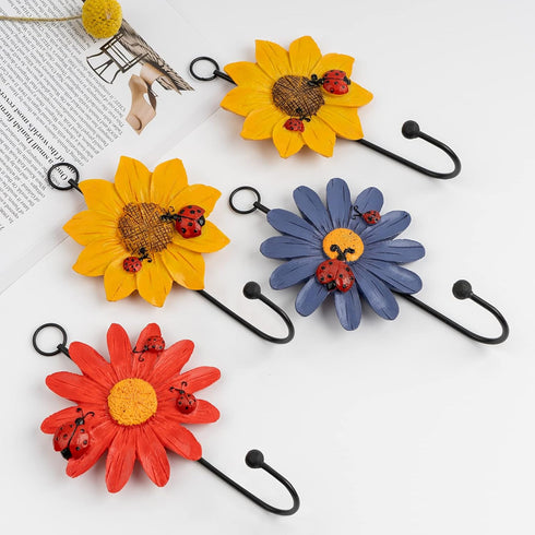 Notakia Creative Daisy Resin Wall Hooks, Hand-Painted Flower Iron Hook, Set of 4 Home Decoration