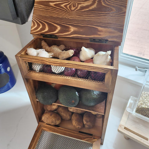 Ikee Design Wooden Countertop Potato and Onion Storage Bin, Rustic Color, 11.8W x 6.8D x 16H in