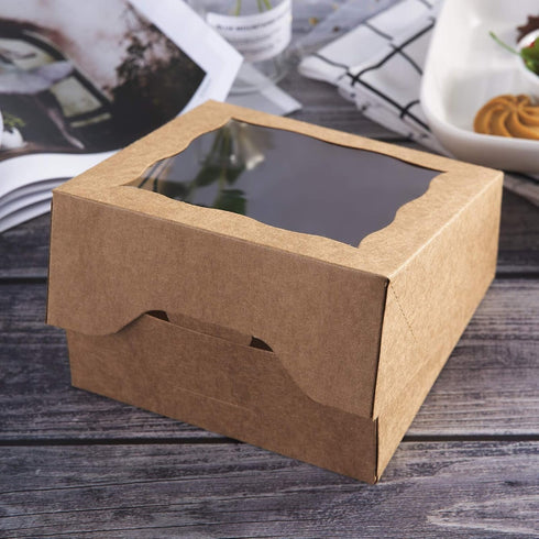 ONE MORE 6" Brown Bakery Boxes with PVC Window for Pie and Cookies, 12 Pack, Natural Kraft Paper