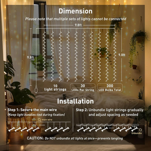 300 JMEXSUSS LED Remote Control Curtain Lights, Plug in Fairy Curtain Lights Outdoor, Window Wall Hanging String Lights