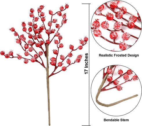 Feitore 6 Pack 17" Frosted Red Berry Stems, Long Artificial Snowy Christmas Berries Picks Winter Holly Berry Branches