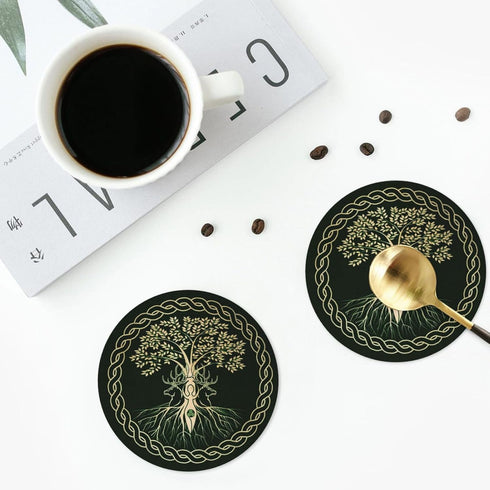 MINIOZE Set 6 Norse Viking Wicca Yule Yggdrasil Coasters of Coasters for Drinks Absorbent Double-Sided Leather PVC