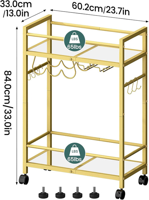 2 Bar Cart, Serving Cart for Home, Microwave Cart, Drink Cart, Wine Cart with Mirrored Shelves, Wine Holders, Glass