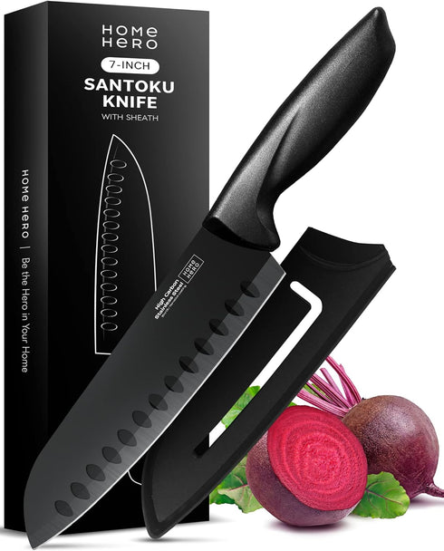 Home Hero 2 Pcs Santoku Knife - High Carbon Stainless Steel Chopping Knife with Ergonomic Handle (Black)