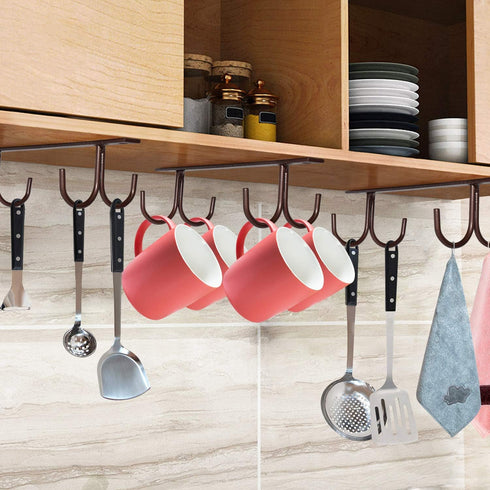 Mocoum Under Cabinet Mug Rack, Rustic Organizer Rack with 12 Hanging Hooks for Mugs, Coffee Cups (Brown-3 Pack)
