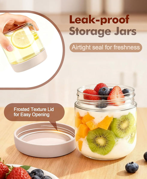 6 pack 10 oz Overnight Oats Containers with Lids and Spoons Glass Jars with Airtight Lids: Wide Mouth Mason Salad Jars