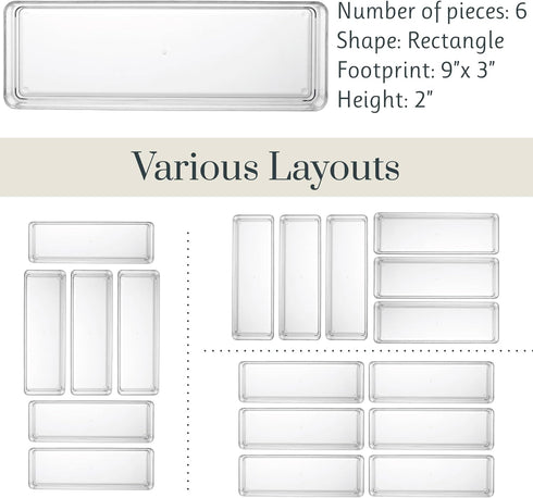STORi SimpleSort 6-Piece Stackable Clear Drawer Organizer Set, 9" x 3" x 2" Rectangle Trays