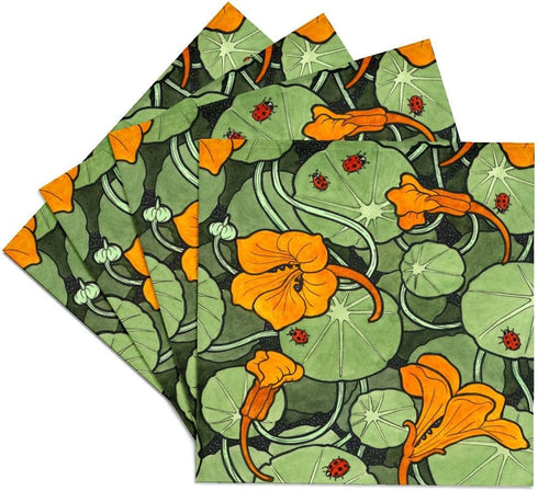 3dRose Art Nouveau Orange Nasturtium Flowers with Ladybirds, Ceramic Tile Coasters, Set of 4