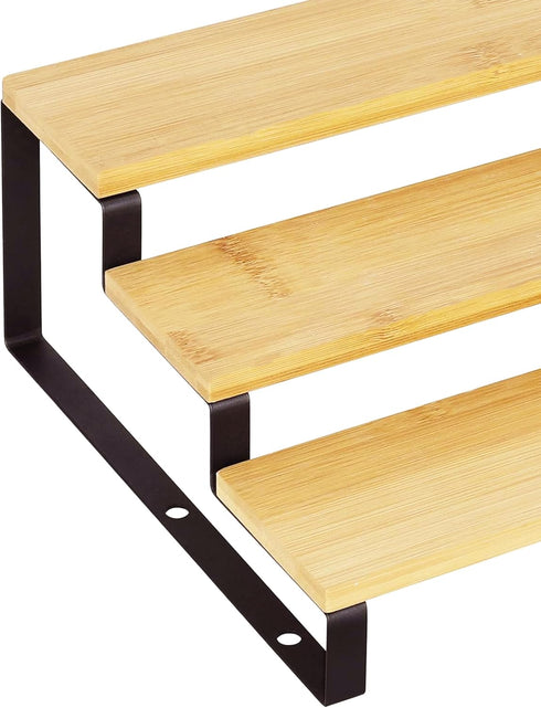RoyalHouse Bamboo and Metal Expandable Spice Rack Organizer, 3-Tier Adjustable Kitchen Cabinet Countertop Display Shelf