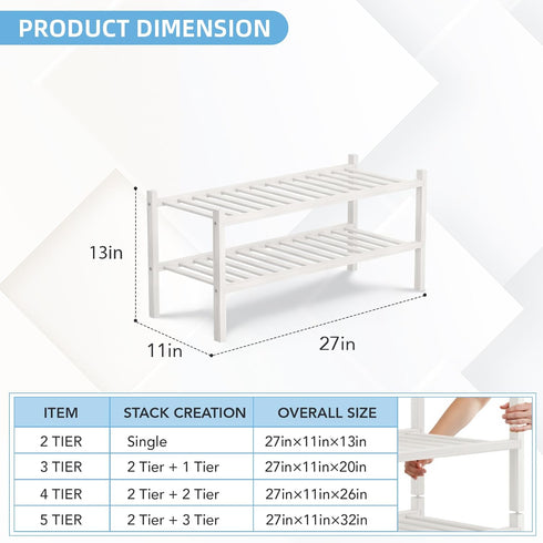 2 Closet, Bathroom27 x11 x13 2 Tier Bamboo Shoe Rack Storage Organizer for Multifunctional Stackable Free Standing Shoe