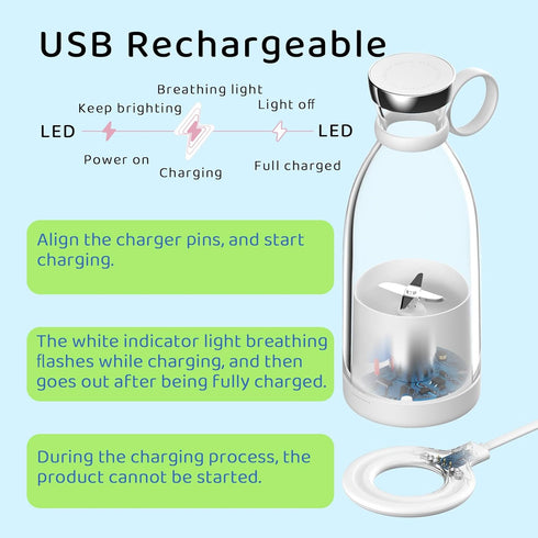 Mini Blender for Smoothies and Milkshakes, Portable Rechargeable Personal Size Blender, 11 oz with 4 Blades (White)