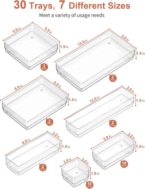 SMARTAKE 30-Piece Drawer Organizer with Non-Slip Silicone Pads for Makeup, Jewelry, Utensils (Clear)