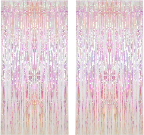 CCINEE 2pcs Metallic Foil Fringe Curtain - Transparent Pink Backdrop for Party Decoration