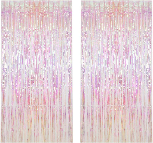 CCINEE 2pcs Metallic Foil Fringe Curtain - Transparent Pink Backdrop for Party Decoration