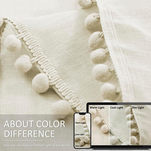 Treatmentex Pom Pom Linen Sheer Curtains for Living Room, 63 inches Length, 52" w x 2 Pack, Beige