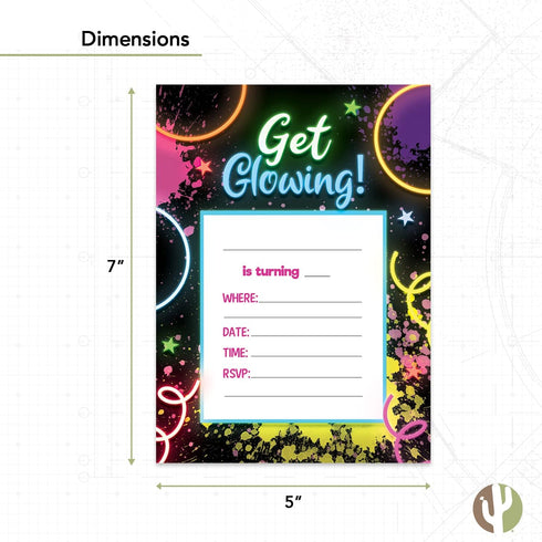 Desert Cactus Neon Happy Birthday Invitations - Invite Cards (10 Count) with Envelopes for Kids Party