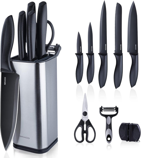 RAXCO 10-in-1 Knife Set - 5 Kitchen Knives and 5 Kitchen Gadgets, Perfect for Small Kitchen (Black)