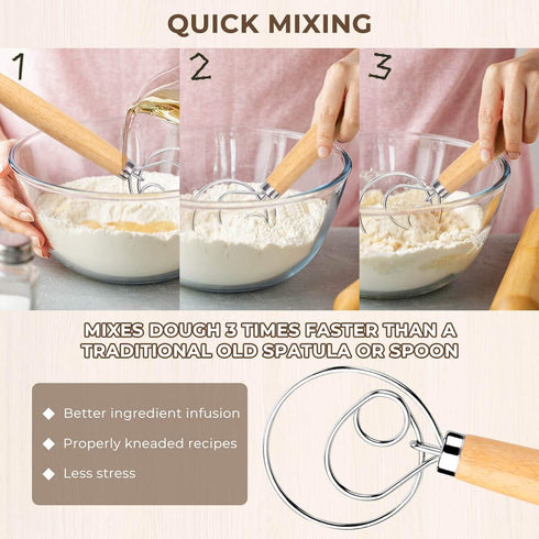 Danish Dough Whisk Bread Mixer, 2 Pack Premium Stainless Steel Dutch Whisk with Dough Scraper for Baking