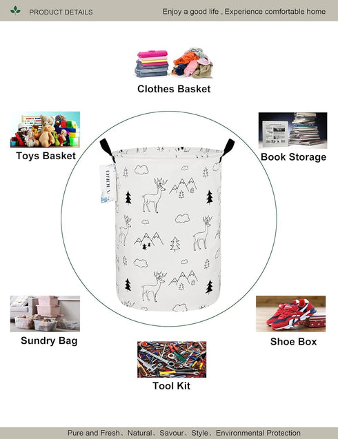 Round Fabric Storage Bin, Decorative Organizer Basket with Handles for Clothes, Books, Sundries (Forest Deer)