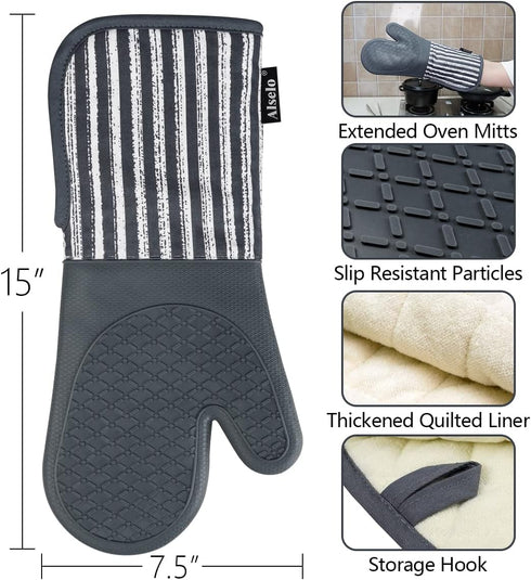 Silicone Oven Mitts Heat Resistant 932? with Waterproof & Non-Slip Kitchen Mittens, Set of 2 Extra Long Oven Gloves with Soft Cotton Terry Lining for Baking Cooking Barbecue by Alselo