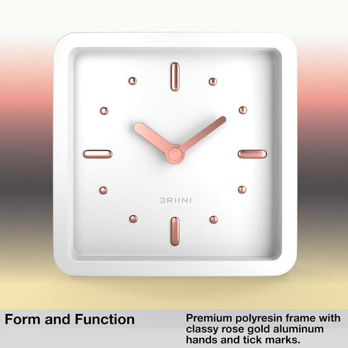 Driini Modern Mid Century Desk & Shelf Clock, White Rose Gold, Battery Operated with Silent Analog Movement