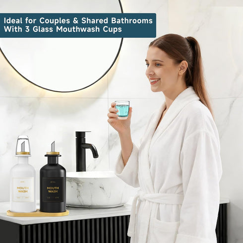 BTIFU 2PCS Countertop 14oz/410ml Glass Mouthwash Dispenser for Bathroom Refillable Mouthwash Bottle with Glass Cup