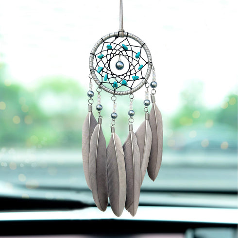 Small Dream Catchers for Cars Rear View Mirror, Handmade Gray Feather and Turquoise Car Charm Pendant