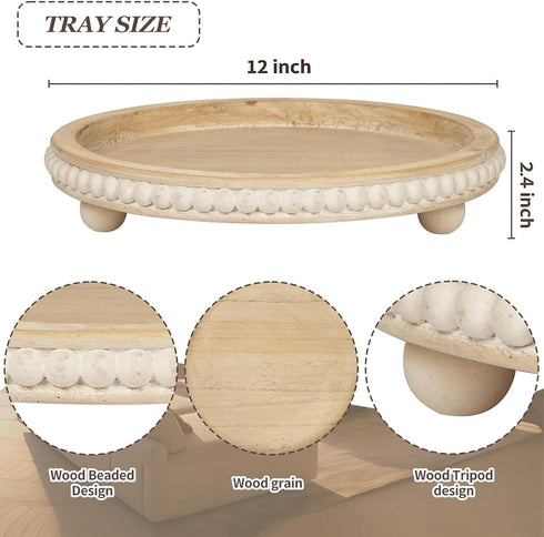 Counter Decorative Coffee Table Tray, Round Wooden Tray Decor Log Beaded Distressed Rustic Farmhouse Centerpiece