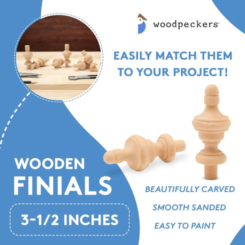 Woodpeckers Unfinished Wood Finials - 3-1/2 inch, Pack of 6 Large Craft Finials for Crafts