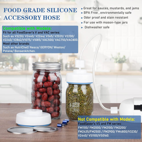Mason Jar Vacuum Sealer Kit with Accessory Hose for Wide and Regular Mouth Jars, Manual Portable Vacuum Pump and Lid