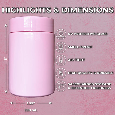 Stash Jar Smell Proof Container (500mL) for Herbs, Spices, Coffee, Teas & More, Double Sealed Air Tight Jar, Thick UV Protection Glass, Smell Proof Herb Storage, x2 Resealable Smell Proof Bags (Pink) by Treehouse