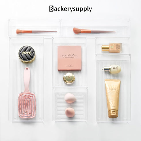 Backerysupply 4 Pack Storage Bins - Clear Plastic Organizers for Bathroom, Makeup, Vanity, Kitchen Utensils