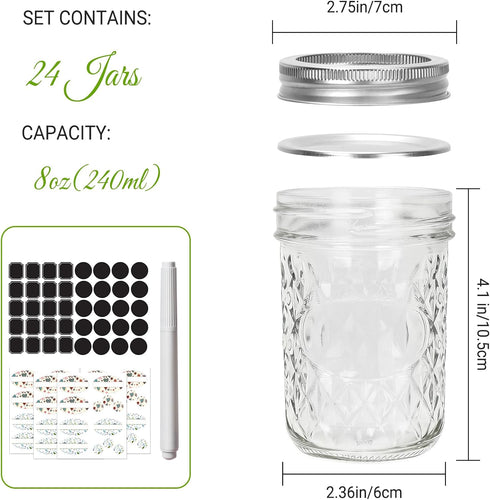 8 oz Bands,24 Pack Jars,240 ml Keketin Mason Jars with Airtight Lids and Regular Mouth Canning Glass Mason Jar Diamond