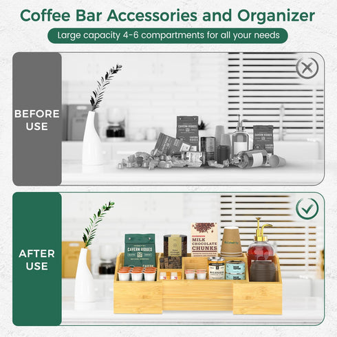 Countertop, EsLuker.ly Coffee Station Organizer Bamboo Extendable Coffee Bar Caddy Condiment Storage, Pods Holder