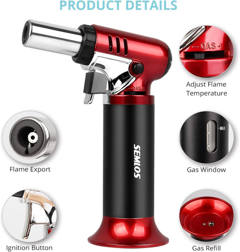 Semlos Refillable Butane Torch with Fuel Gauge - Adjustable Flame Kitchen Lighter for DIY, Creme Brulee, Soldering
