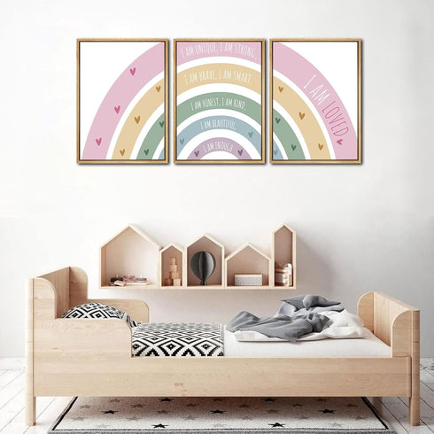 3Pcs 12x16in Rainbow Canvas Wall Art - Colorful Boho Nursery Wall Decor - Positive Affirmation Kids Heart Picture