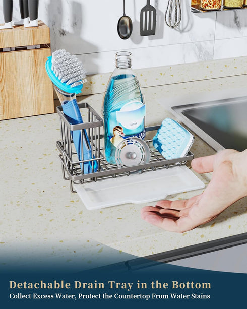 Consumest Sponge Holder for Kitchen Sink, Sink Caddy Organizer with Removable Drip Tray for Countertop