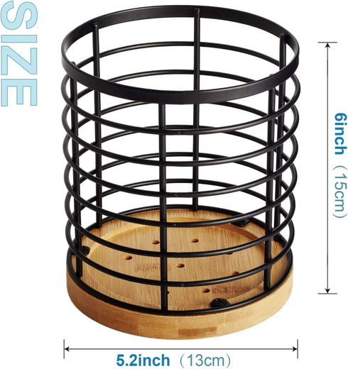 Utensil Holder for Kitchen Counter, 5.2" x 5.2" x 6" Large Round with Wooden Base, Matte Black Utensil Organizer